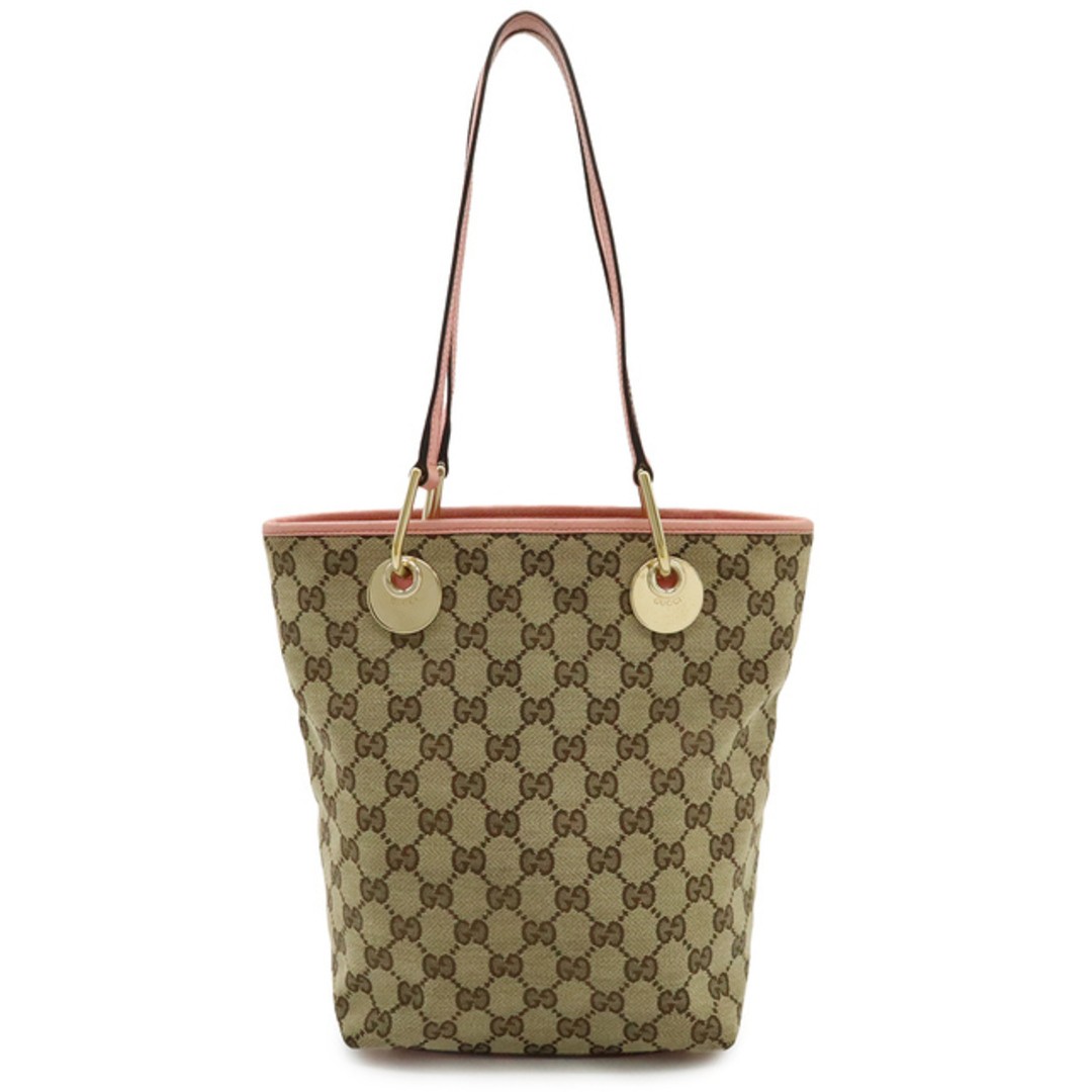 Gucci GG Canvas Tote Bag Women's Shoulder Bag Khaki Pink Leather Used