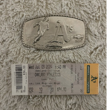Chevy Oakland Athletics Metal Belt Buckle with July 3, 2024 Game Ticket Stub
