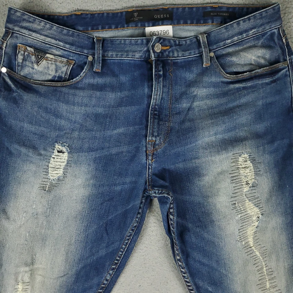 Guess Jeans Mens Size 40x32 Blue Distressed Tapered Slim Denim Pants ** - Image 2 of 4