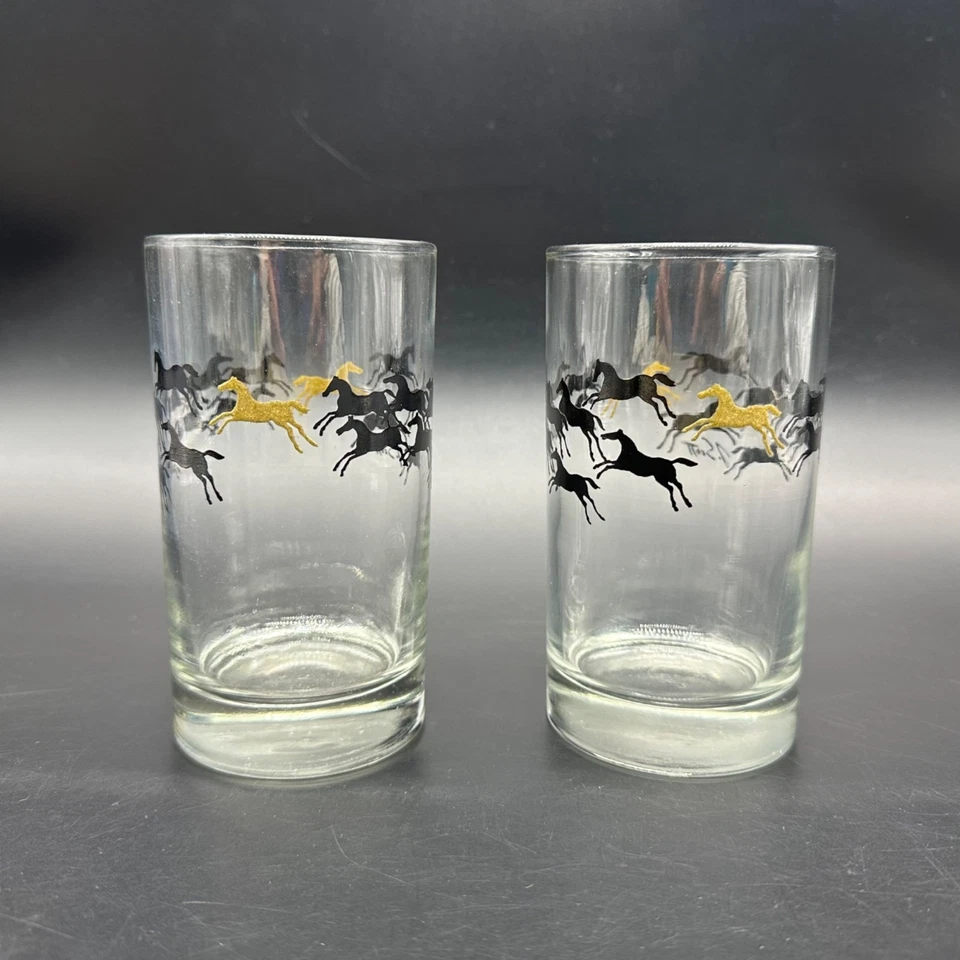 Vintage Horse Tumblers Libbey J Scott Stampede 1970s Black Gold Retro Barware - Image 4 of 4