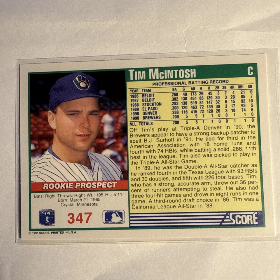 1991 Score - Tim McIntosh #347 - Image 2 of 2