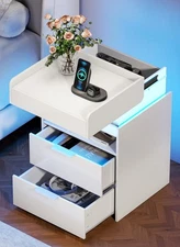 Night Stand with Gun Drawer - Modern Nightstand with Charging Station & LED L...