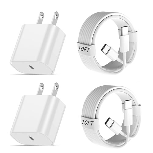 2 Pack 20W USB-C Fast Charger Wall Adapter for iPhone 16/15 with 10Ft Cable