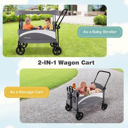 2-in-1 Wagon Cart 2-Seat Folding Baby Stroller with Adjustable Canopy Grey - Picture 4 of 8