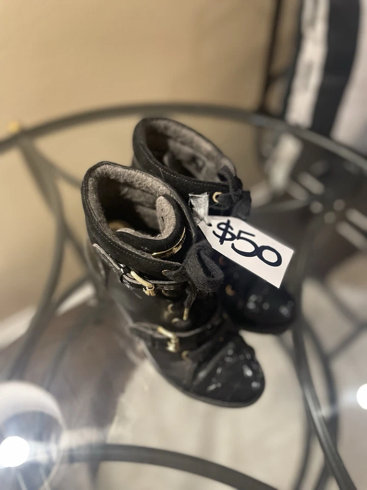 Michael Kors Wedge Buckled Black Patent Sneaker Size 6 - Image 2 of 4