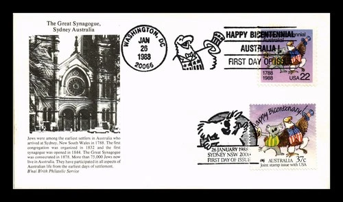 US COVER AUSTRALIA BICENTENNIAL FDC JOINT ISSUE COMBO GREAT SYNAGOGUE SYDNEY