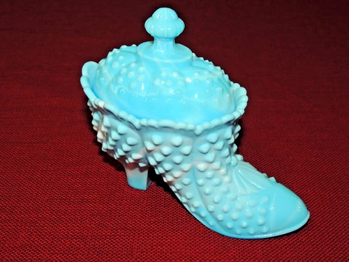 Vintage Fenton Blue Slag Glass Hobnail Boot w/ Lid Candy/Trinket Dish EX++