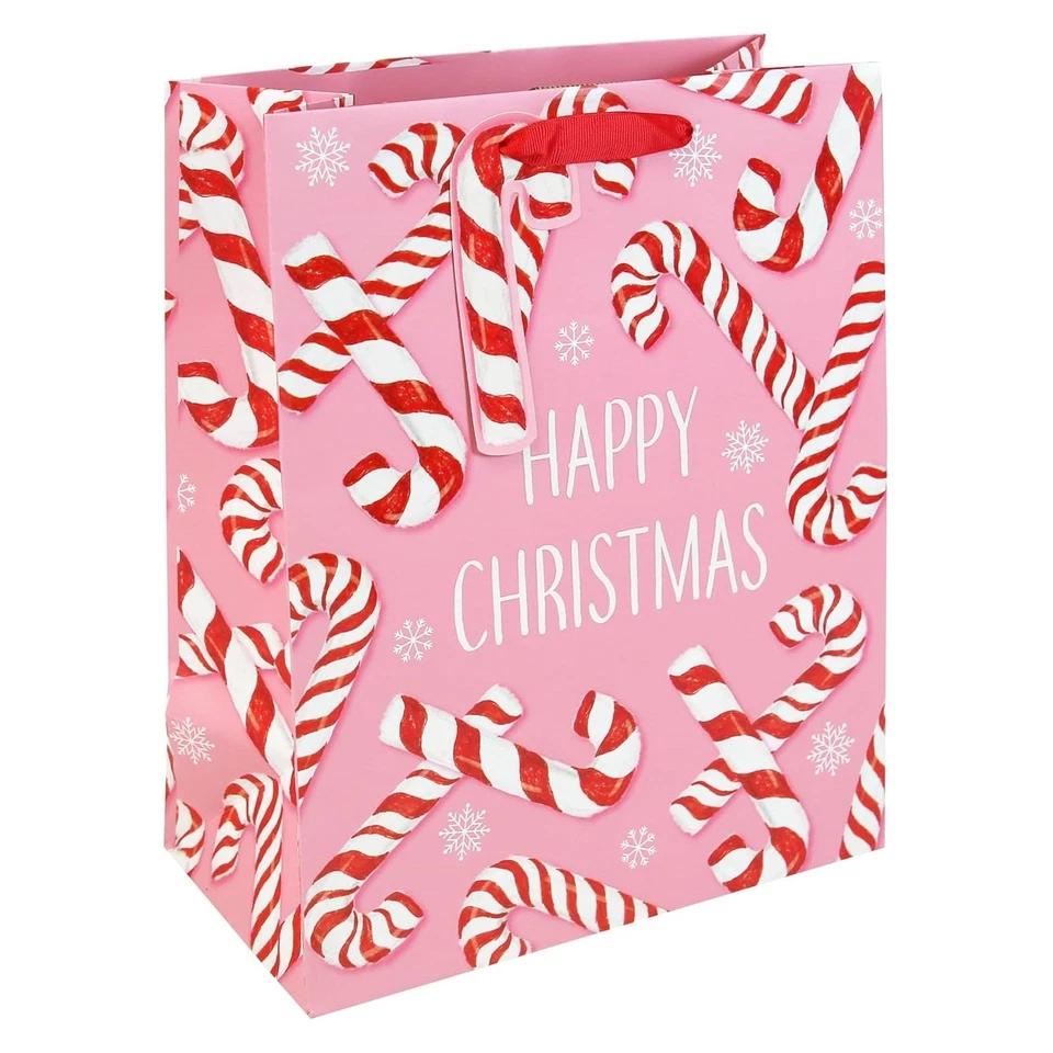 Pink Candy Cane Christmas Gift Bag – Large 33cm Festive Present Bag With Ribbon
