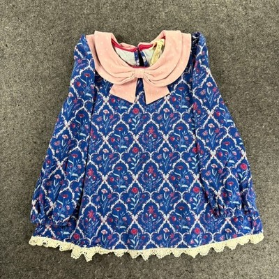 Matilda Jane Girls Blue Floral Dress Long Sleeve Lace Trim Bow Collar
