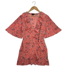 Topshop Wrap Dress Womens 6 Pink Floral Ruffle Fit Flare Sleeve Boho Festival