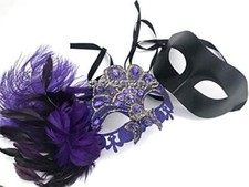 Couple Masquerade Feather Lace Mask Pair Mardi Gras Costume Carnival Party prom