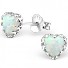 925 Sterling Silver and Opal white milk Heart Stud Earrings Quality UK jewellery