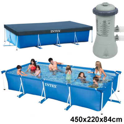 INTEX Schwimmbecken Komplett Set Family Swimming Pool Rechteck Frame + Poolpumpe