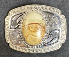 Western Theme Metal Belt Buckle With Set Polished Stone Center