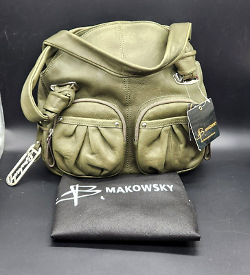 New w/ Tags B. Makowsky Toni Olive Green Genuine Soft Leather Satchel + Dust Bag