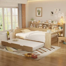 Wooden Full Size Multifunctional Daybed with Shelves, Twin Size Trundle & Desk