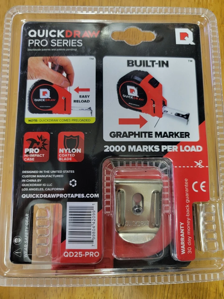 25' Foot QUICKDRAW PRO Self Marking Measuring Tape Built in Pencil Power Locking - Image 2 of 2