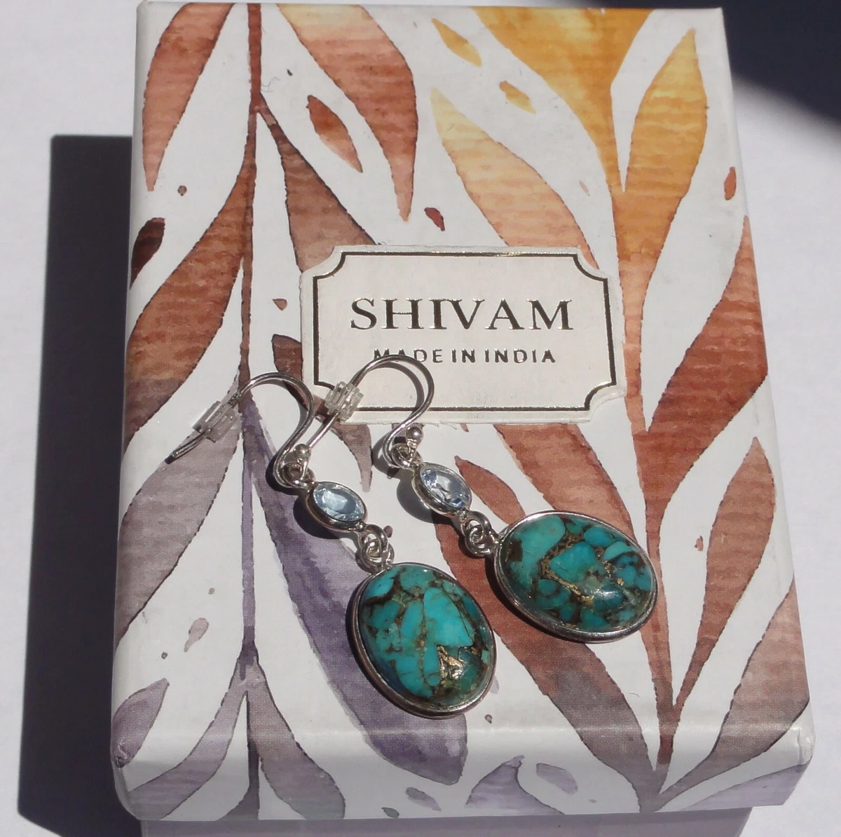 Shivam STERLING SILVER TURQUOISE EARRINGS Made in India with Gift