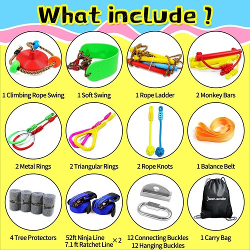 Ninja Slackline Ninja Warrior Obstacle Course for Kids-2x52ft with Swing, Rop... - Picture 2 of 6