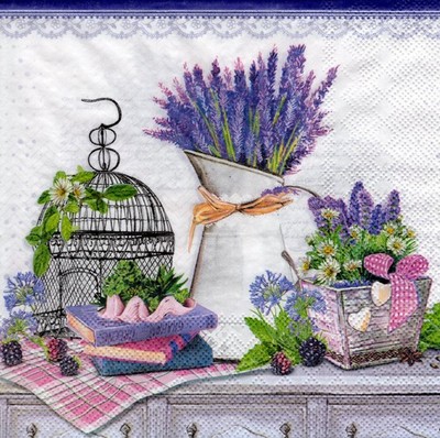 3 Servietten~ Provence, Blumen, Lavendel auf Kommode im Krug, Shebi-Shick ~33x33