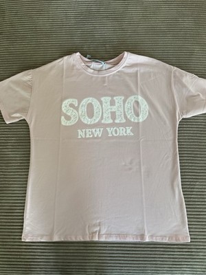 Basic T-Shirt Weiche Baumwolle ROSA mit Print: ''SOHO New York'' Onesize  (J3)