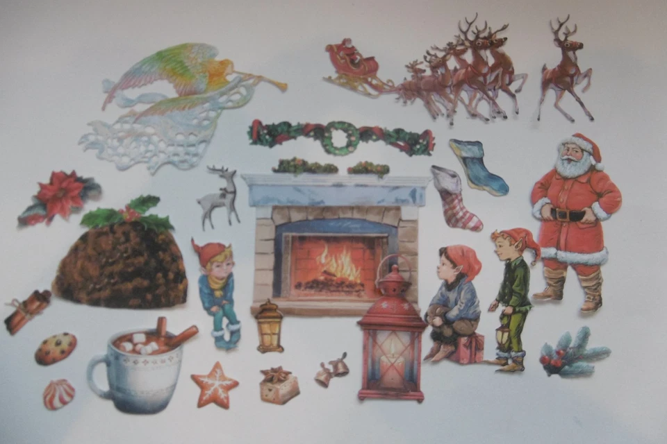 Die Cut*Two Red Robin Tattered Lace*Fire Place*Santa*Elves*Sleigh*Card*Toppers