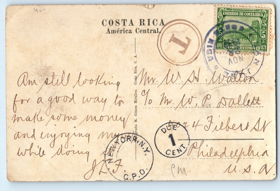 San Jose Costa Rica Postcard Telegraphes and Club Union c1930's Due 2 Cents - Image 2 of 2