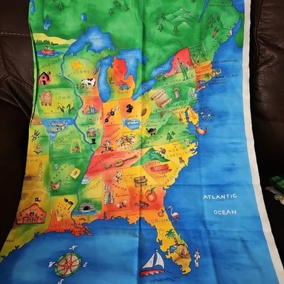 Vtg Fabric Cotton Map of The United States Fabric Panel Approx. 42x36 Inches