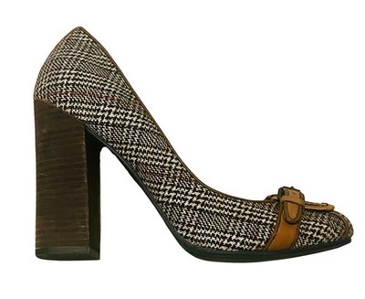 Levity Hayden Plaid Pumps 8M Block Heel 4  Fabric Leather Career Dress Shoes