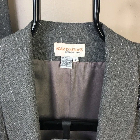 Raro Traje Vintage 3 Piezas Gris Pin Rayas Cuentas Talla 8 Pantalones Cinturón Blazer Lana Foto 4 de 4