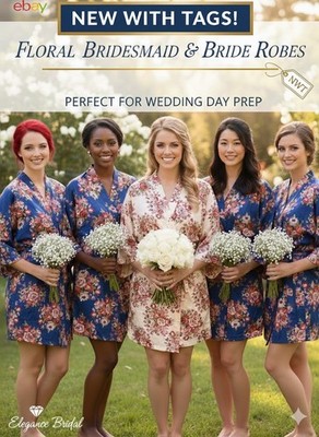 Floral Bridesmaid Bride Robes Blue or Cream Satin Wedding Getting Ready NWT
