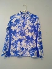 Tail White Label 1/4 Zip Women's Medium Blue & White Palm Leaves Golf Vacation 