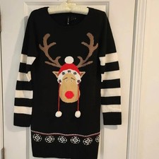 New Directions Womens Small Christmas Sweater Dress Reindeer Holiday Black White