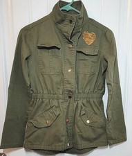 Me Jane Military Jacket Youth Teen Sz 12 Army Green Sequin Heart Retro Y2k
