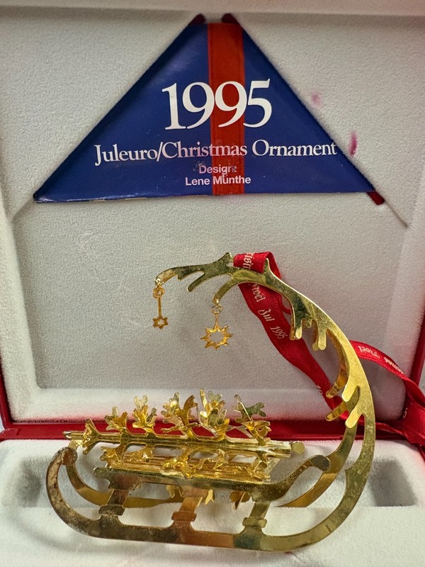 Vintage 1995 Georg Jensen Gold Plated Christmas Ornament Sleigh, Tree