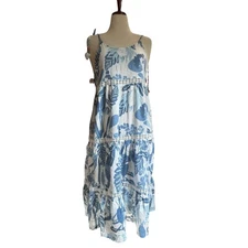 Rachel Zoe Blue Floral Linen Midi Dress Tassel Tie Sleeves Boho Resort Size L