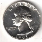 1961 Philadelphia 25C Silver Proof Washington Quarter Coin!