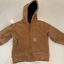Carhartt Jacket Youth XS 6 Tan Canvas Hood Zip Up Quilted Interior