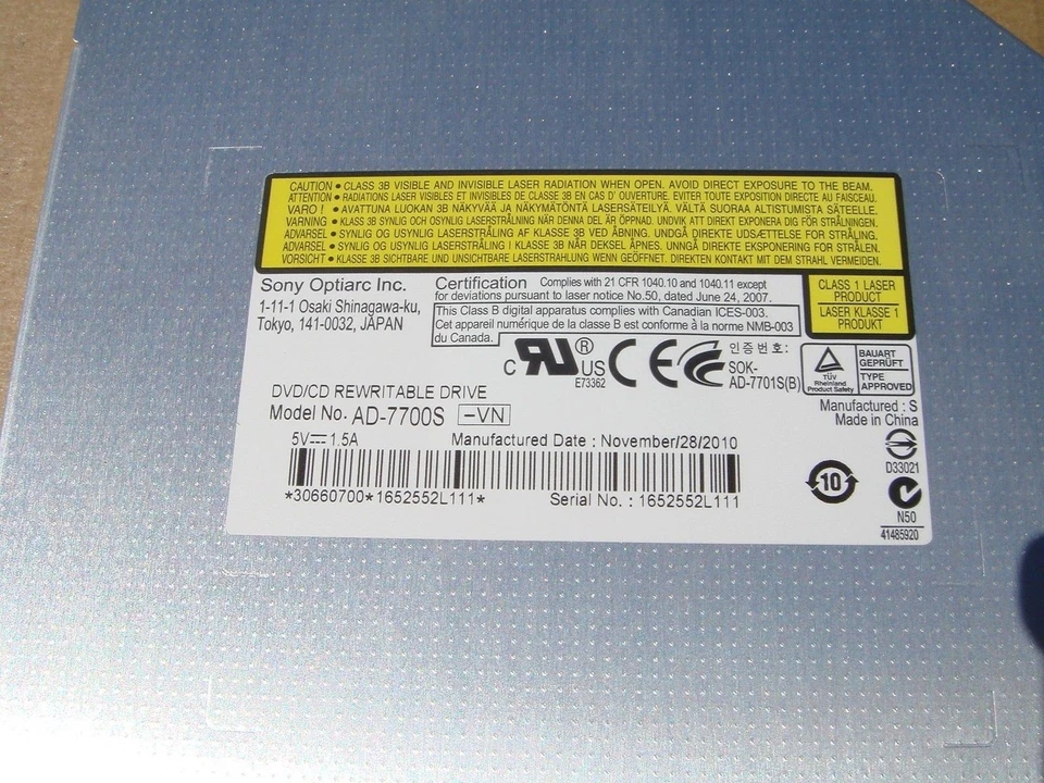 Новый Sony Optiarc AD-7700S-VN 12,7 мм DVD/CD RW 8 X лоток SATA - Изображение 3 из 3