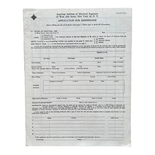 VINTAGE American Institute of Electrical Engineers Application for Membership 