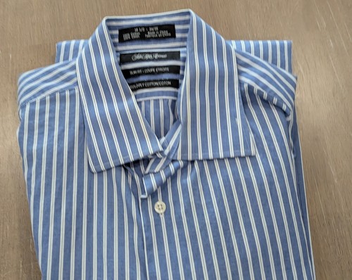Mens Saks Fifth Avenue 2 Ply Cotton Striped Dress Blue 16.5 34/35 - Picture 2 of 3