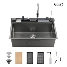 Cozy 33x22" Multifunctional Overmount Kitchen Sink Faucet Combo