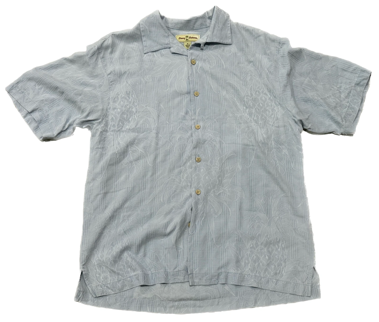 Tommy Bahama Light Blue Short Sleeve Silk Pineapple Floral Camp Shirt Medium