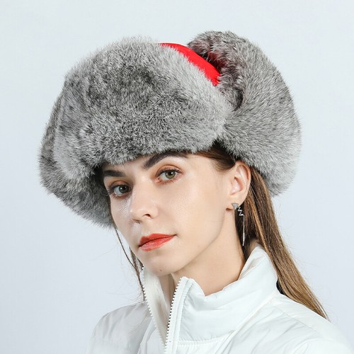 Women's Real Rabbit Fur Hat Russian Ushanka Hat Winter Aviator Trapper ...