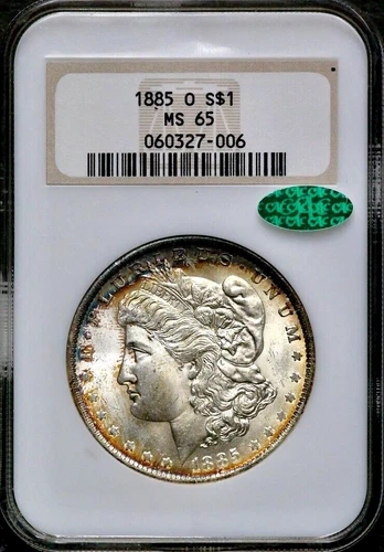 1885-O $1 Morgan Silver Dollar NGC MS 65 CAC Rainbow Obv REV Album Toning CC593