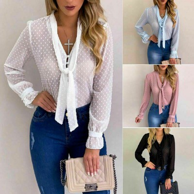 Elegante Blusas De Gasa Para Mujeres Moda Manga Larga Cuello V Camisa De  Oficina | eBay