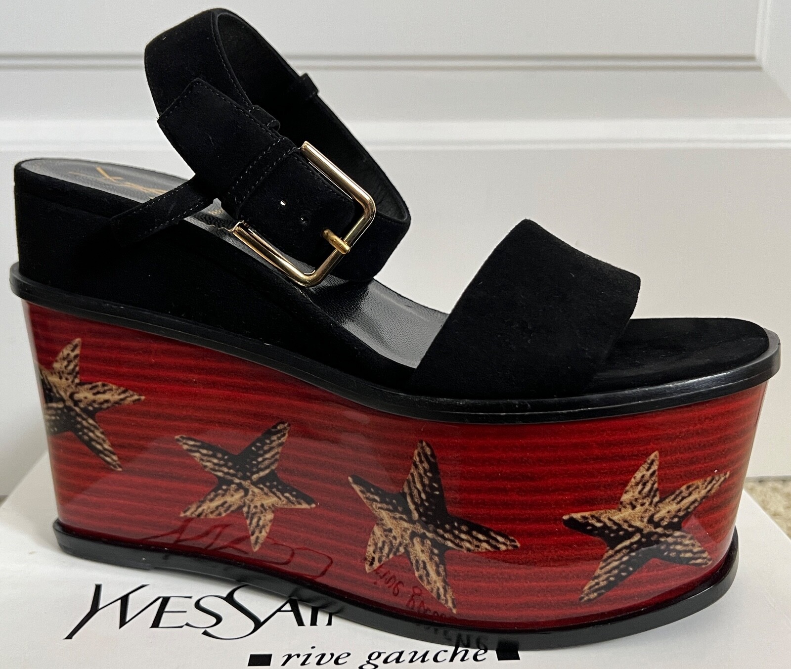 SAINT LAURENT Nuove con scatola décolleté a zeppa vintage palma pelle scamosciata nera stelle marine décolleté 38