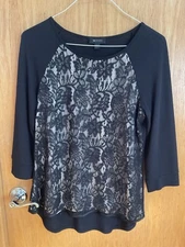 AB Studio Pullover Sweater w/Lace Front ~ Women’s Large ~ Black/Champagne