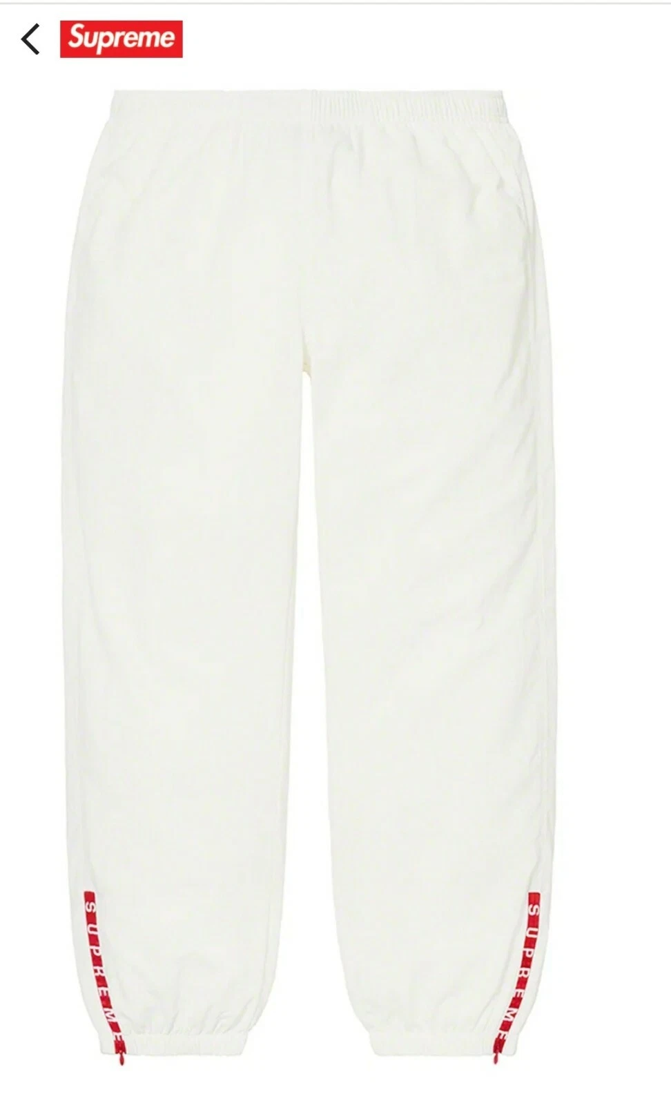 Pantalon d'échauffement Supreme blanc taille moyenne FW21 flambant neuf battage médiatique rare goutte à goutte rouge Prada