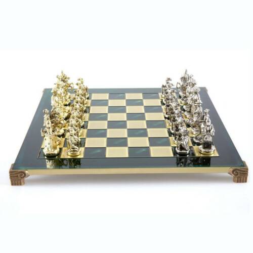 Manopoulos Knights Large Chess Set - Brass Nickel Pawns - Green chess Board - Picture 3 of 5